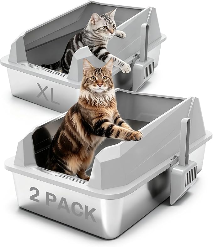 KYKY Tescat 2 Pack Stainless Steel Litter Box with Lid, XL Metal Litter Box with High Sides, Extra Large Litter Boxes for Big Cats and Multiple Cats, Leak-Proof, Rust-Proof, Non-Sticky and Easy Clean
