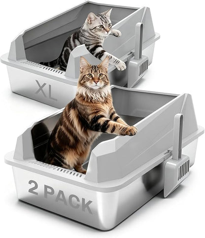 KYKY Tescat 2 Pack Stainless Steel Litter Box with Lid, XL Metal Litter Box with High Sides, Extra Large Litter Boxes for Big Cats and Multiple Cats, Leak-Proof, Rust-Proof, Non-Sticky and Easy Clean
