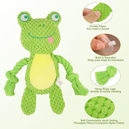 Dog Toys, Dog Squeaker Toys with Crinkle Paper, Stuffed Animal Dog Plush Chewing Toy, Cotton Rope Interactive Toys for Puppy, Small, Middle Dogs (Green Frog)