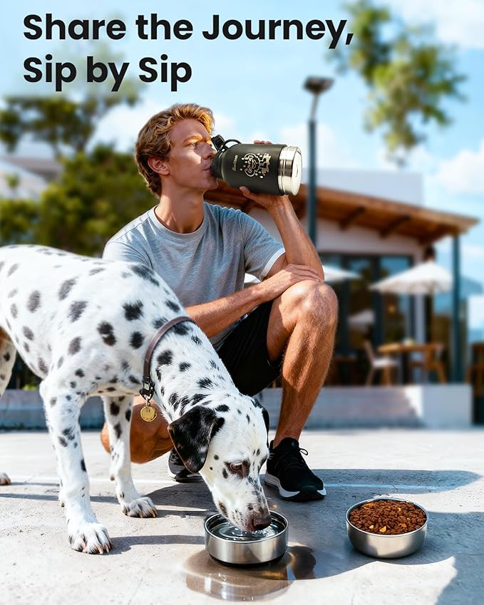 34oz Dog Water Bottle, Stainless Steel Dog Water Bottle Dispenser with Detachable Food & Water Bowls, Keeps Water Hot/Cold, for Walking, Hiking, Camping(Black)