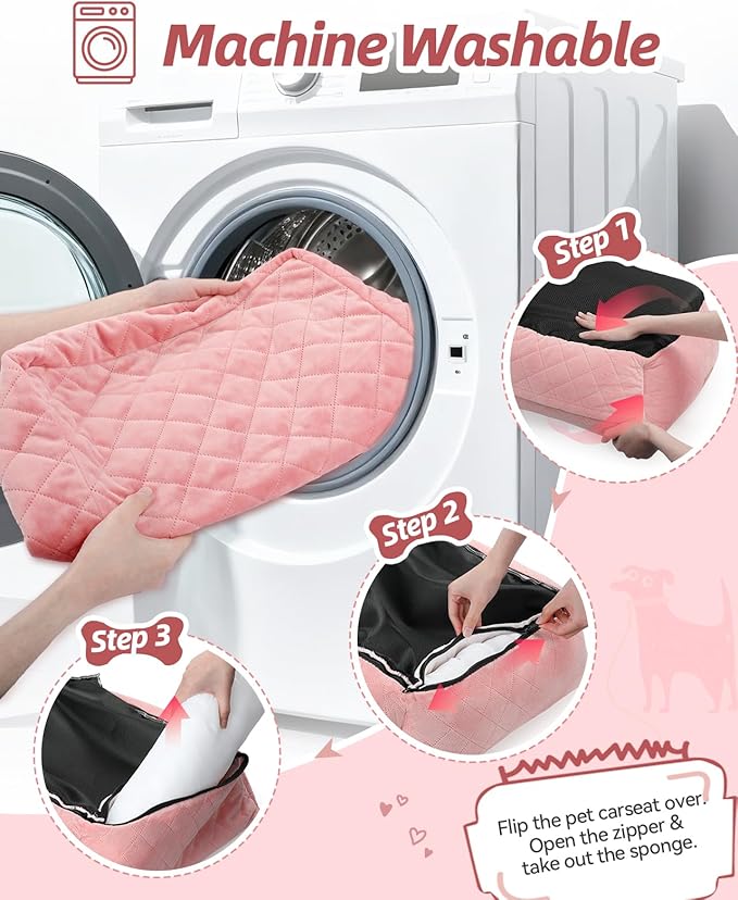 WOOAIDAGG Dog Car Seat for Small Dogs Up to 25lbs,Soft Washable Fabric Fill in Memory Foam,Easy to Assemble with 2 Clip-On Safety Leashes and Storage Pockets,Front or Back Seat are Both OK (Pink)
