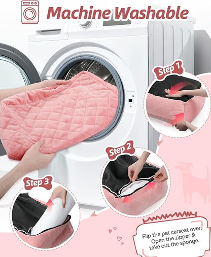 WOOAIDAGG Dog Car Seat for Small Dogs Up to 25lbs,Soft Washable Fabric Fill in Memory Foam,Easy to Assemble with 2 Clip-On Safety Leashes and Storage Pockets,Front or Back Seat are Both OK (Pink)