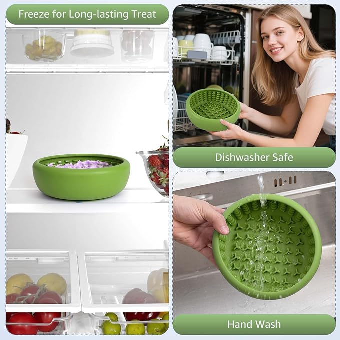 Dog Lick Bowl, ZOURYNUA Non-Slip Slow Feeder Dog Bowls, Enrichment Licking Mat for Distraction, Anxiety Relief Treat Dispenser Freezer, BPA Free Silicone & Dishwasher Safe (Green, Small)