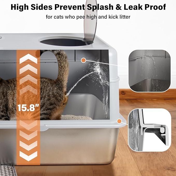 Stainless Steel Litter Box with Lid,Extra Large Enclosed cat Litter Box, Metal litterbox with Flip Top,Front and Top Entry,Anti-Leakage,Easy Cleaning,Includes Carbon Filters & Scoop & Mat