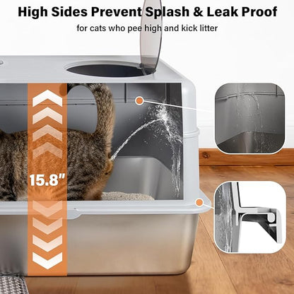 Stainless Steel Litter Box with Lid,Extra Large Enclosed cat Litter Box, Metal litterbox with Flip Top,Front and Top Entry,Anti-Leakage,Easy Cleaning,Includes Carbon Filters & Scoop & Mat