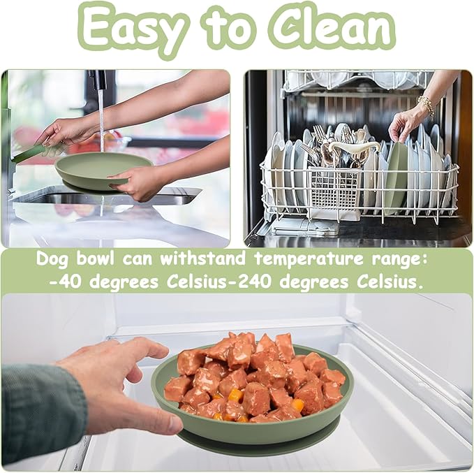 Silicone Dog Bowl Set of 2-7.7in No Spill Puppy Food and Water Dish Less Mess Cat Plates with Suction Cup Non-Tippable Feeding Bowls for Small & Medium-Sized Pets (Round Green)