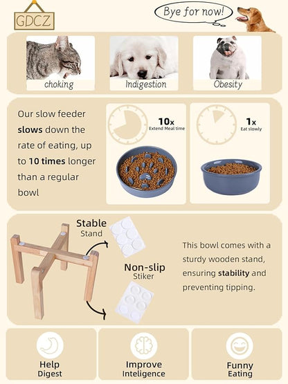 Dog Slow Feeder Bowl with Stand, Round Ceramic Pet Food Bowl for Medium Breed, Fun Raised Dog Bowls to Slow Down Eating (Grey)