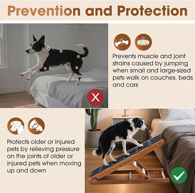 Dog Ramp for Bed - Foldable Small to Large Dog Ramp for Couch - 6 Adjustable Height from 12" to 24" - Stairs with High Traction Mat - Wooden Ramp for Dogs to Get on Bed Couch Car Up to 200LBS（Walnut）