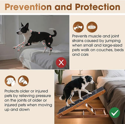 Dog Ramp for Bed - Foldable Small to Large Dog Ramp for Couch - 6 Adjustable Height from 12" to 24" - Stairs with High Traction Mat - Wooden Ramp for Dogs to Get on Bed Couch Car Up to 200LBS（Walnut）