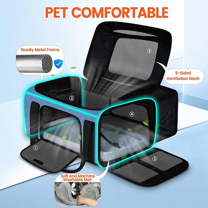 Petskd Top and Side Expandable Pet Carrier with Wheels 18x13x9.5 Inches Southwest Airline Approved, Soft-Sided Carrier for Small Cats and Dogs with Locking Safety Zippers and Anti-Scratch Mesh(Blue)