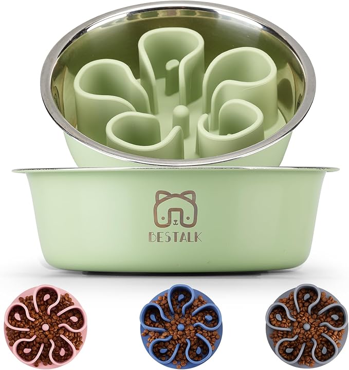 Stainless Steel Slow Feeder Dog Bowl, Bestalk 2-in-1 Metal Dog Bowls with Silicone Slow Feeder Insert for Small, Medium, Large Dogs(Green,1 Cup)