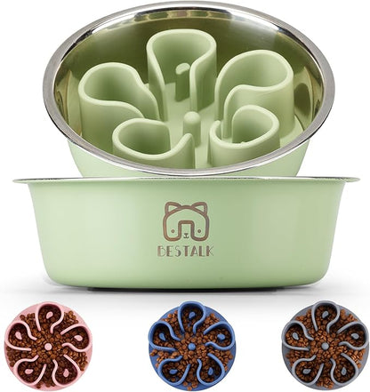 Stainless Steel Slow Feeder Dog Bowl, Bestalk 2-in-1 Metal Dog Bowls with Silicone Slow Feeder Insert for Small, Medium, Large Dogs(Green,1 Cup)