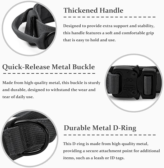 Tactical Dog Collar, Adjustable Military Training Nylon Dog Collar with Control Handle and Heavy Quick-Release Metal Buckle for Small Medium Large Dogs, Grey XL