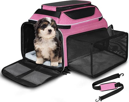 Petskd Top and Side Expandable Pet Carrier 18x11x11 Inches Delta United Airline Approved, Soft-Sided Carrier for Small Cats and Dogs with Locking Safety Zippers and Anti-Scratch Mesh(Pink)