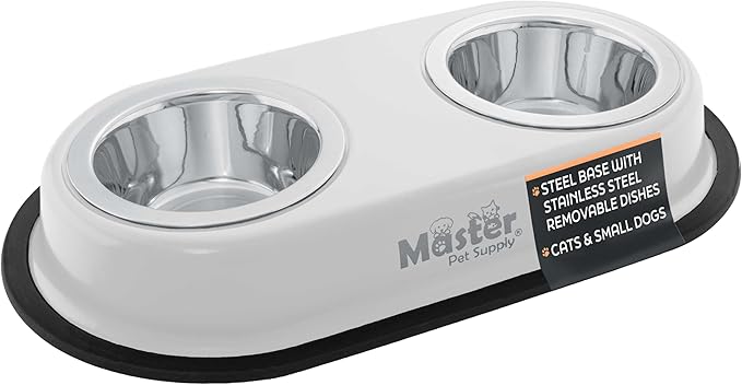 Master Pet Supply Double Dog Bowls Set with Elevated Base and 2 (8 oz) Stainless Steel Removable Dishes (Bone White) – Double Cat Food Water Bowl, Dog Puppy Food Bowl Set, Rust Resistant