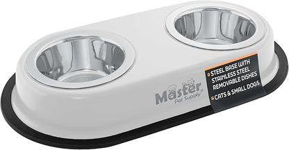 Master Pet Supply Double Dog Bowls Set with Elevated Base and 2 (8 oz) Stainless Steel Removable Dishes (Bone White) – Double Cat Food Water Bowl, Dog Puppy Food Bowl Set, Rust Resistant