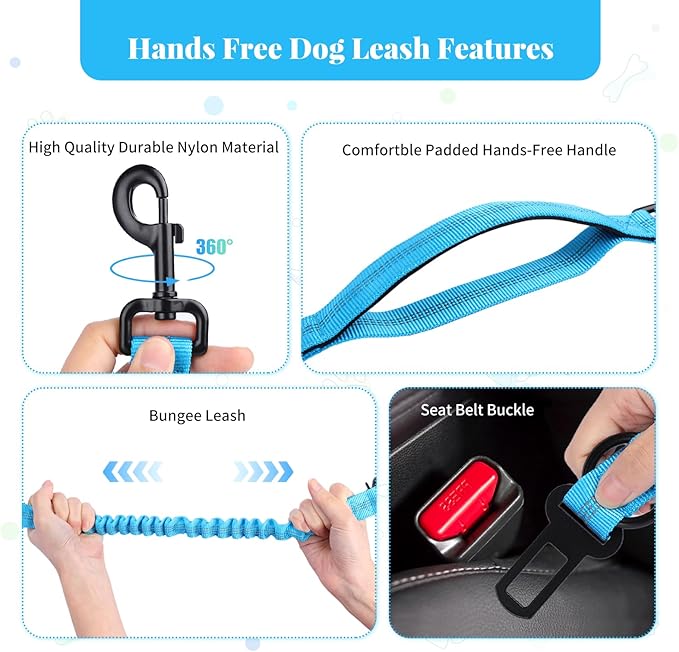 Heavy Duty Multifunctional Adjustable Hands Free Dog Leash - Reflective Stitches, Car Safety Buckle, Waist Leash for Dog Walking, Running, Hiking - 5-7FT