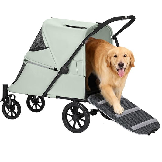 Pet Stroller with Ramp for Large Dogs up to 132lbs, Large Pet Gear for Multiple Dogs/Cats, All-Terrain with Mesh Dual-Window & NO-Zip, Removable Mattress & Slope Pad(Lake Green)