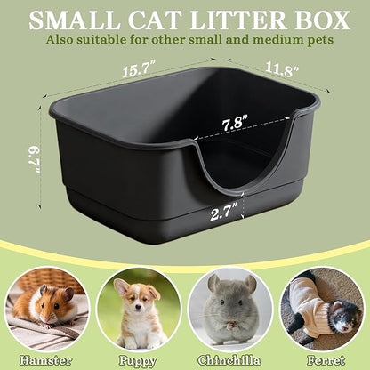 2 Pack Low Entry Small Litter Box for Kittens, Kitty Plastic Litter Boxes, Open Top, Anti-Splash High Sided Litter Tray Pan for Medium Pets, Puppy, Easy to Clean, 15.7"L*11.8"W*6.7"H (Black)