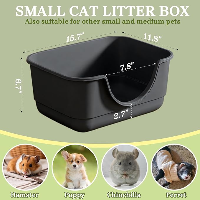 Low Entry Small Litter Box for Kittens, Kitty Plastic Litter Boxes, Open Top, Anti-Splash High Sided Litter Tray Pan for Medium Pets, Puppy, Easy to Clean, 15.7" L*11.8" W*6.7" H (Black)