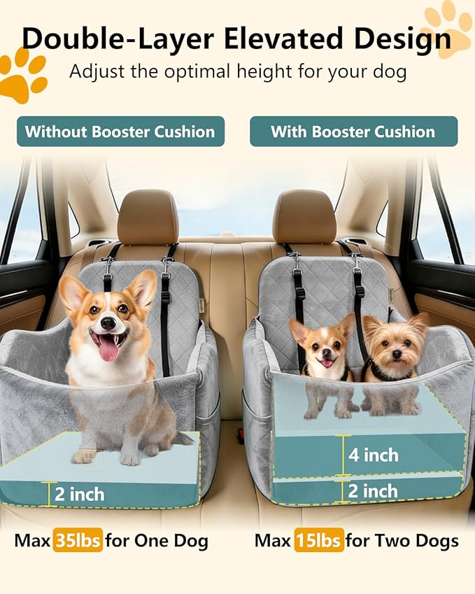 Dog Car Seat for Small/Medium Dogs Up to 35 lbs, 2-in-1 Pet Car Seat with Memory Foam, Machine Washable Dog Bed for Cars, Non-Slip Pet Booster Carseat with Safety Leashes, Storage Pockets (Grey)