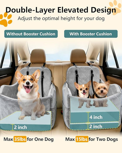 Dog Car Seat for Small/Medium Dogs Up to 35 lbs, 2-in-1 Pet Car Seat with Memory Foam, Machine Washable Dog Bed for Cars, Non-Slip Pet Booster Carseat with Safety Leashes, Storage Pockets (Grey)
