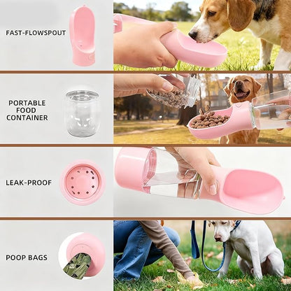 3-in-1 Dog Water Bottle Portable Leak Proof Pet Water Dispenser with Built-in Snack Storage & Waste Bag Holder 14oz for Outdoor Walking, Hiking Travel Pink