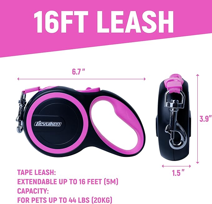16 FT Retractable Dog Leash with No Tangle for Dog up to 44lbs, One-Handed Brake, with Non-Slip Handle, Strong Nylon Tape for Small and Medium Dogs