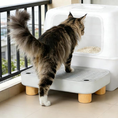 Cat Litter Box Step for Automatic/Self-Cleaning Litter Boxes - Anti-Tracking Catcher Ramp with Filter, Non-Slip Wooden Base, Easy Clean for Kittens & Elderly Cats