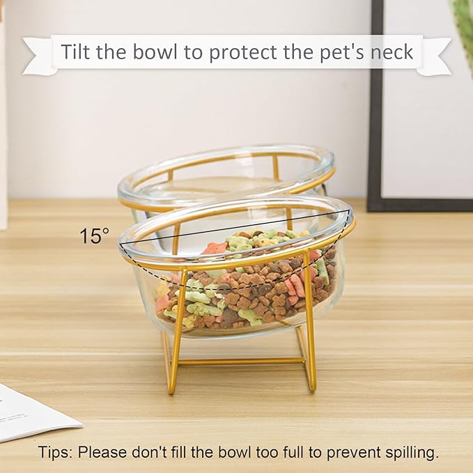 Elevated Dog Bowls for Small Dogs - 2 Glass Bowls with Gold Iron Stand - Raised Pet Dish Set for Food and Water - Comfortable Feeding