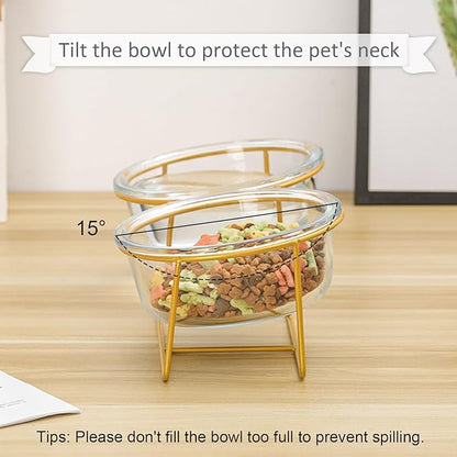 Elevated Dog Bowls for Small Dogs - 2 Glass Bowls with Gold Iron Stand - Raised Pet Dish Set for Food and Water - Comfortable Feeding