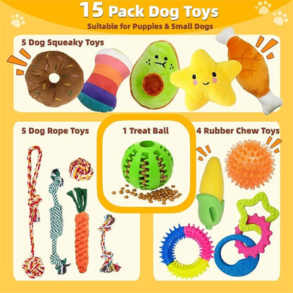Puppy Teething Toys 15 Pack - Squeaky Dog Toys Plush, Dog Rope Toy, Treat Ball, Puppy Chew Toy for Teething, Entertainment, Training & Interaction