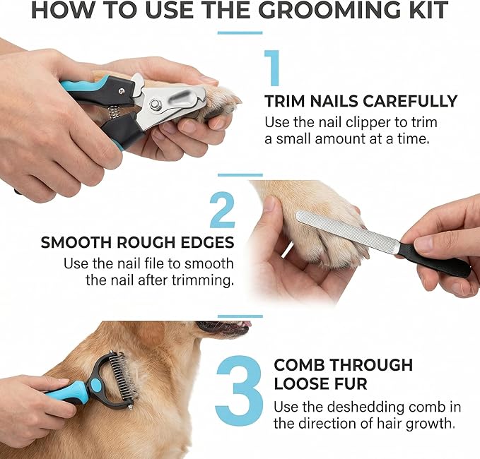 Kuzey Home Pet Nail Clipper & Deshedding Comb Set for Cats and Dogs, Safety Guard to Help Prevent Overcutting, Stainless Steel Blade, Non-Slip Handle, Includes Nail File