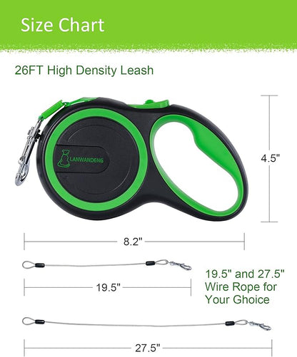 26FT Long Chew Proof Retractable Dog Leash with 2 Heavy Duty Anti-Chewing Wire Ropes, 360° Tangle-Free Dog Lead with Anti-Slip Handle for Small/Medium/Large Dogs Green