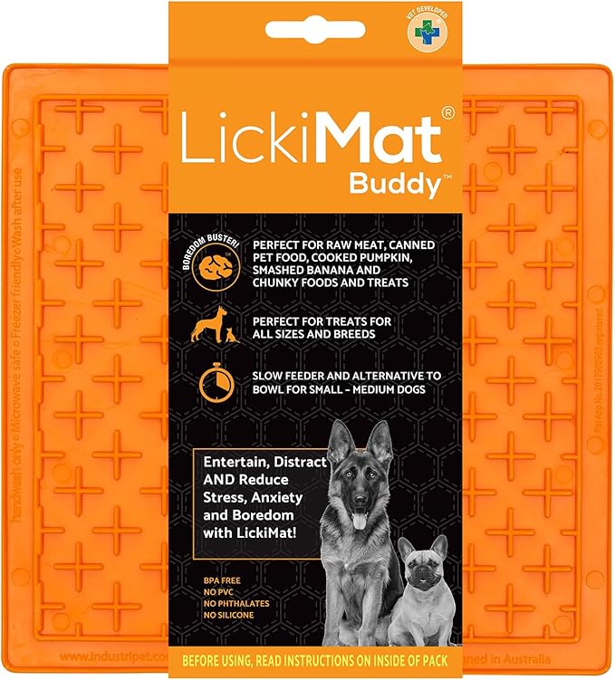 LickiMat Classic Buddy Slow Feeder for Dogs Lick Mat Boredom Anxiety Reducer Perfect for Food Treats Yogurt Liquid Food Peanut Butter Fun Alternative to a Slow Feed Dog Bowl, Orange