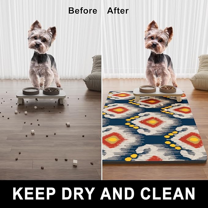Dog Food Mat, 16" x 24" Boho Absorbent Dog Cat Bowl Mat for Food and Water, Cute Anti-Slip Rubber Pet Feeding Rug Protect Floors, Placemat for Feeding & Watering Supplies, Abstract Art