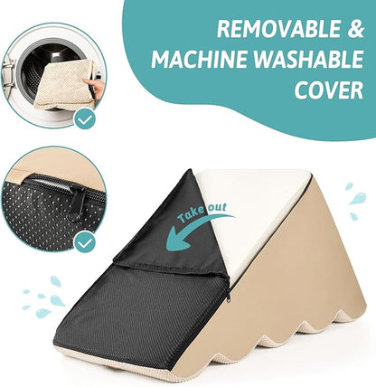 Dog Stairs for Small Dogs 15.7" H, 4-Step Sturdy Foam Dog Steps for Couch and Bed, Curved Pet Stairs for Puppy and Older Cat, Doggie Ladder with Washable Cover, 15.7x28.3x15.7 inch, Beige