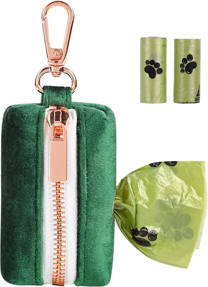 ARING PET Dog Poop Bag Holder, Velvet Doggy Waste Bag Dispenser Attach to Any Leashes, Dark Green Portable Washable Pet Waste Pouch Dispenser with Metal Zipper