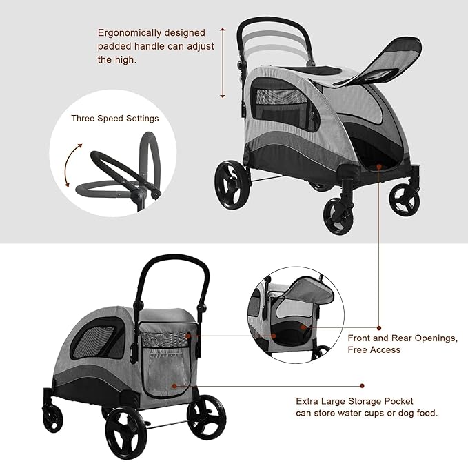 XL Extra Large Dog Stroller, All-Terrain 4 Wheel for 2 Medium Dogs, One-Click Foldable, Adjustable Handles, Dual Entry Safety Dog Stroller, Capacity 88lbs (Gray)