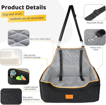 XIEEAOZEE Dog Car Seat for Large/Medium Dog, Booster Seat for Dogs Under 55Lbs or 2 Small, Detachable and Washable Travel Pet Seat with Thick Cushion and Storage Pockets (Black/Gray)