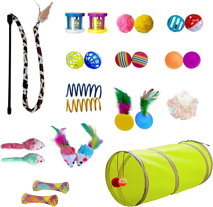PetLike 25pcs Interactive Cat Toys Set Collapsible Cat Tunnel Interactive Feather Teaser Wand,Spring Toys & Balls for Indoor Cats (Green, 25x55cm)