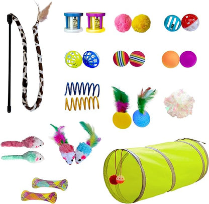 PetLike 25pcs Interactive Cat Toys Set Collapsible Cat Tunnel Interactive Feather Teaser Wand,Spring Toys & Balls for Indoor Cats (Green, 25x55cm)