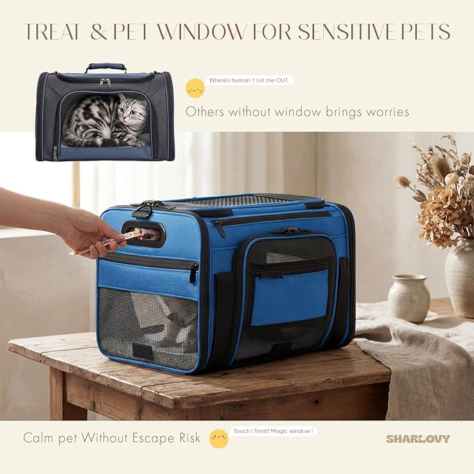 Top-Expandable Pet Carrier with Treat & Pet Window,17x11x9.5 Inch Alaska Hawaiian Airline Approved,Soft-Sided Dog Carrier for Small Dogs and Cats,Travel Cat Carrier with Locking Safety Zippers,Blue