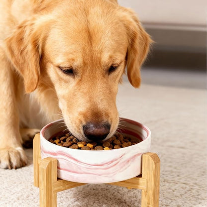 Elevated/Raised Ceramic Dog Bowl with Bamboo Stand,Marble Pattern 7 Inch 7.6 Cups Non Slip Heavy Weighted Single Pet Dish,Anti Tipping,Reduces Neck Strain Marble Pink