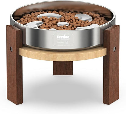 Elevated Dog Bowl Stand, 6'' Height Raised Stand for Medium&Small Dogs, Includes 2Cups Stainless Steel Slow Feeder Dog Bowl, Durable Solid Hardwood