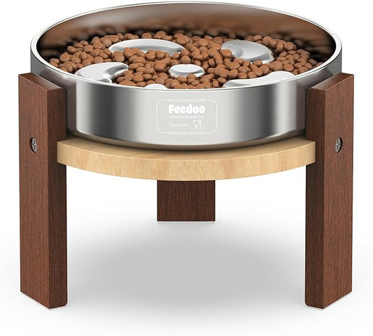 Elevated Dog Bowl Stand, 6'' Height Raised Stand for Medium&Small Dogs, Includes 2Cups Stainless Steel Slow Feeder Dog Bowl, Durable Solid Hardwood