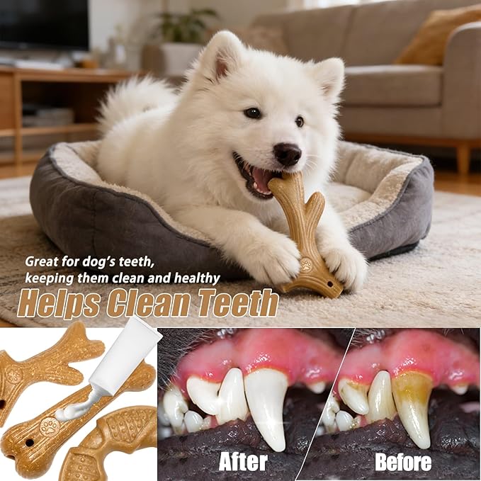 Dog Chew Toys for Aggressive Chewers, 3 Pack Nylon & Wood Teething Bone Toy Set with Chicken Flavor, Durable Tough Bones Chewing Toys for Small & Medium Dogs