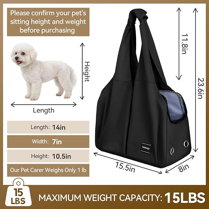 Dog Purse Carrier, Small Dog Cat Puppy Outdoor Portable Bag, Foldable Breathable 3‑Speed Zipper Access Pet Travel Bag with Large-Capacity Pockets, 15 lbs Capacity,Black