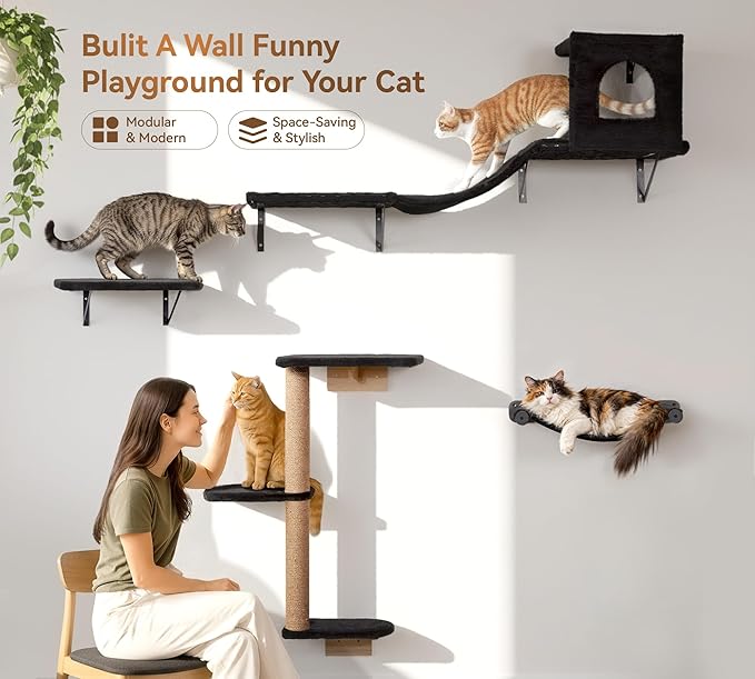 Wall Mounted Cat Furniture Set of 4 – 4 in 1 Cat Wall Shelves with Hammock, Bridge, Climbing Tree & Perch – Shelves for Large Cats, Holds Up to 30 lbs, Indoor Playground