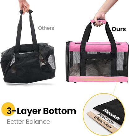 Dog Carrier Soft Sided, Large Cat Carrier with Inner Safety Leash, Pet Transport Carrier for Large Cats and Medium Dogs up to 20 Lbs, Collapsible Travel Puppy Carrier Bag -Pink L
